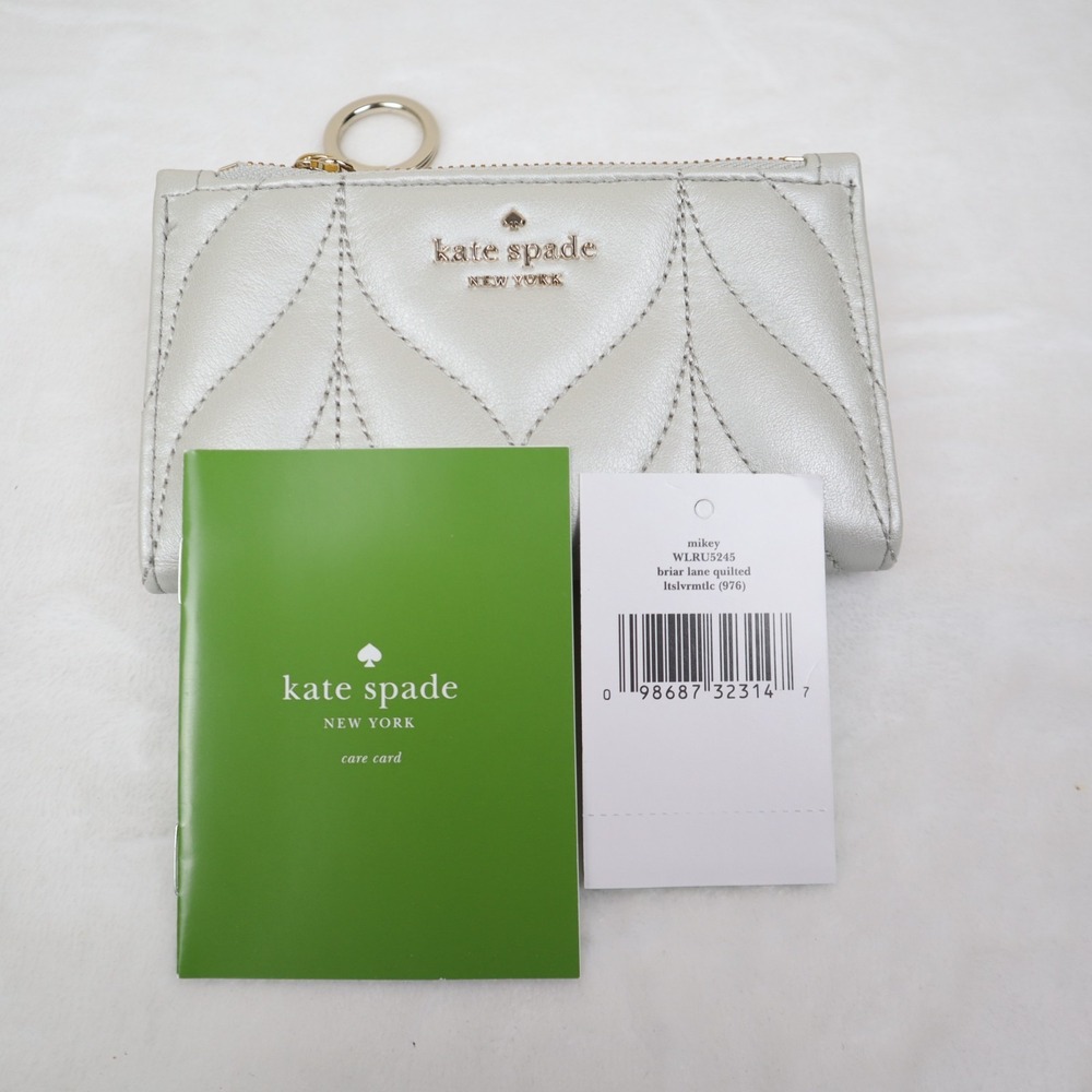 Kate Spade Briar Lane Quilted Mikey Wallet Keychain Metallic Oak Silver Gray NWT
